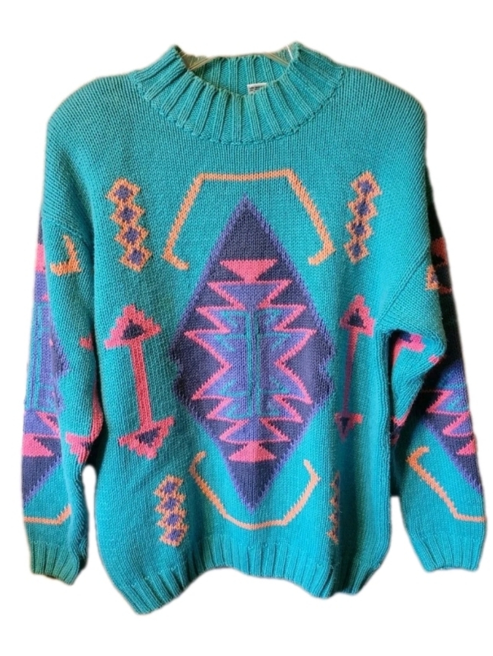 Vintage 80's Nuovo Turtle Neck Knit Sweater Large Southwest Aztec Retro
